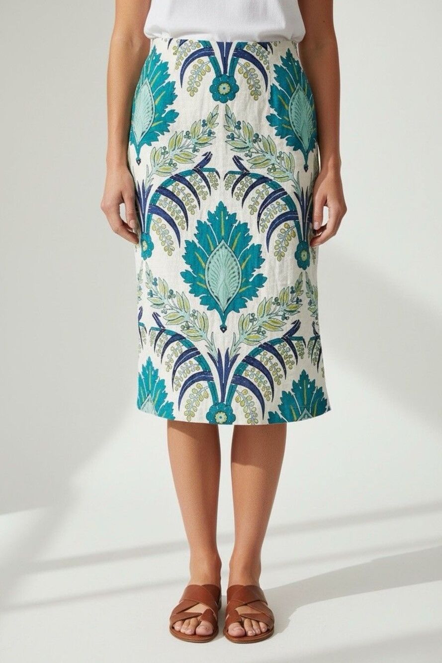 Sundance Linen Midi Skirt Graceful Verenia Teal Blue Floral Damask Boho 12 Lined